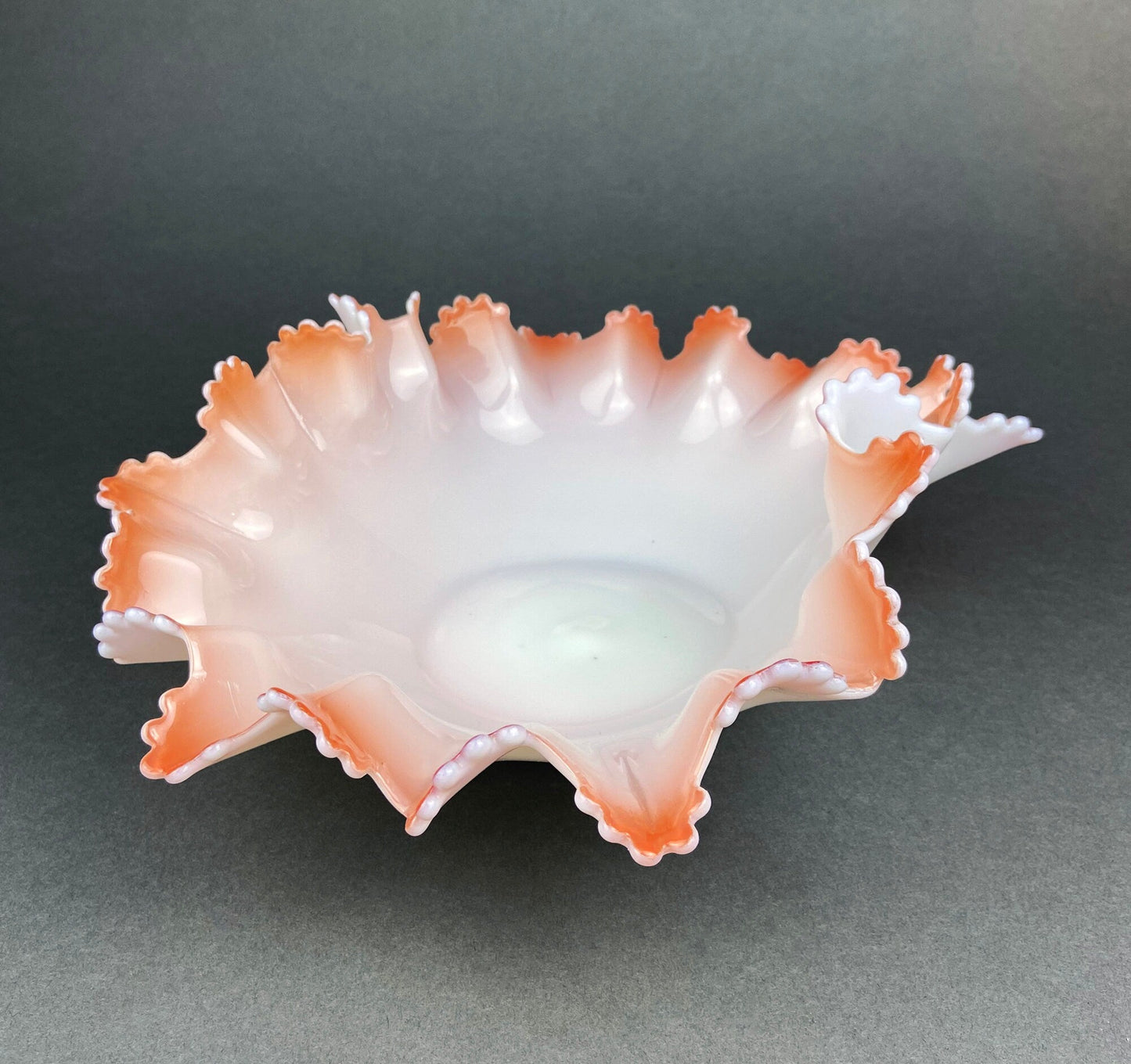 Vintage Heirloom Opalescent Glass Bowl. White and Peachy Pink Serving Dish. Collectible Tableware with Ruffled and Scalloped Edges.