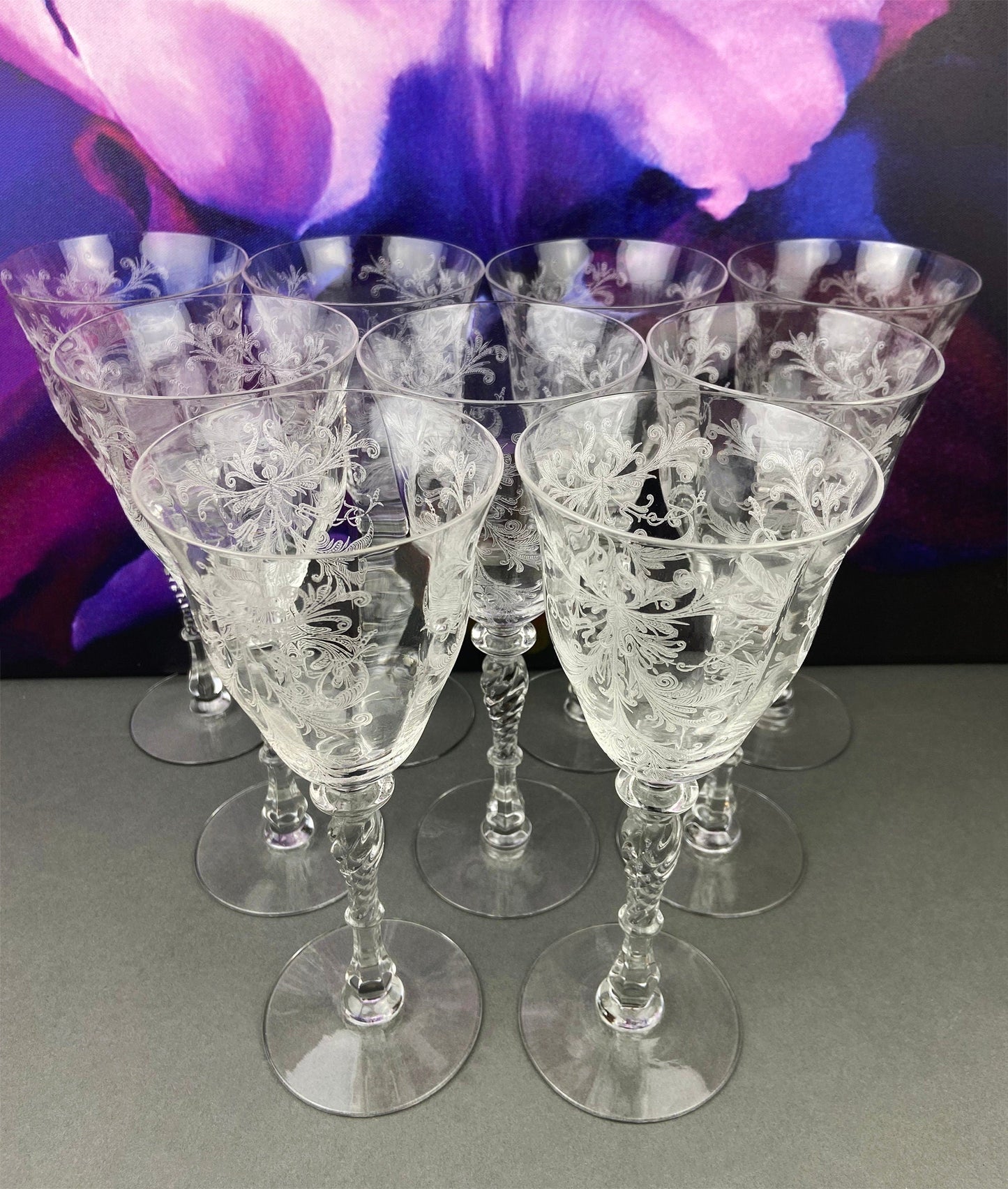 Cambridge Crystal Claret Wine Glasses. Rosepoint Motif. Eight Etched Floral Motif Crystal Glassware. Fine Dining. Holiday, Everyday Stemware