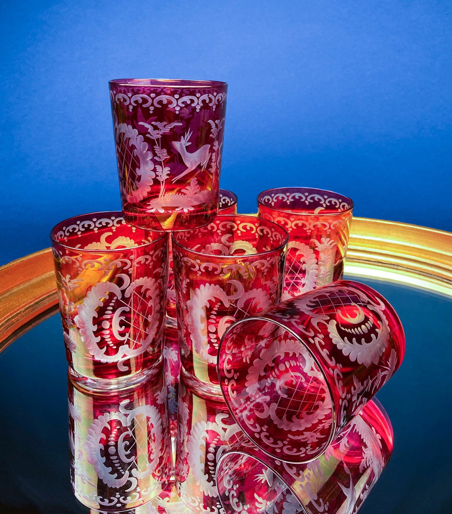 Bohemian Crystal Sweet Wine or Cordial Glasses. Set of Five Sapphire to Clear Cut Crystal Stemware. Look Like Jewels. Luxury Living.