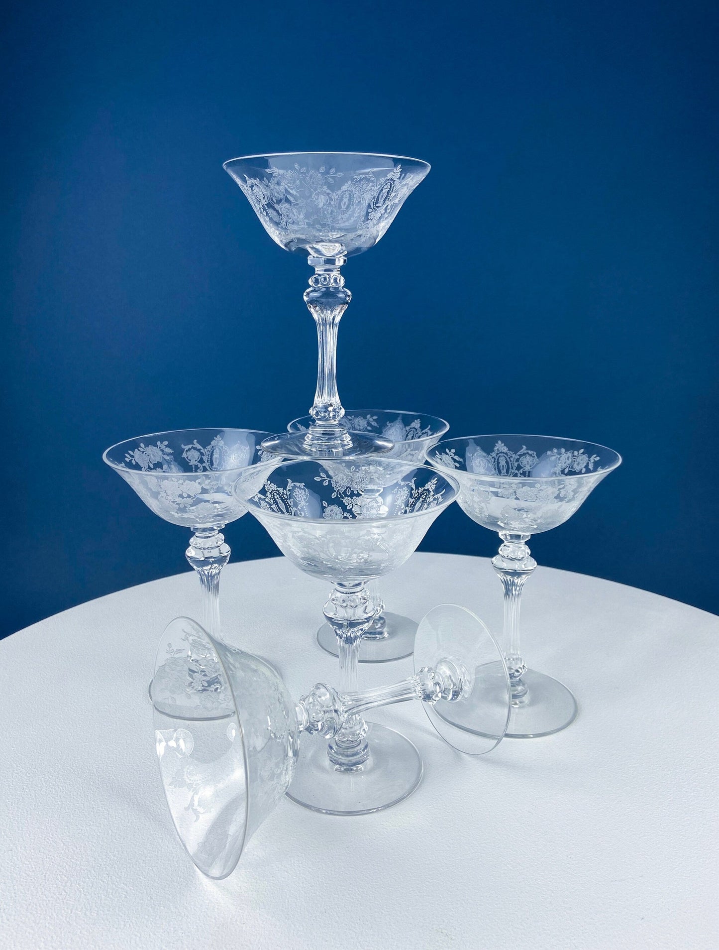 Vintage New Martinsville Tall Sherbet Champagne Glasses. Set of 7 Prelude Etched Stemware. Highly Collectible Barware. Wedding Registry.