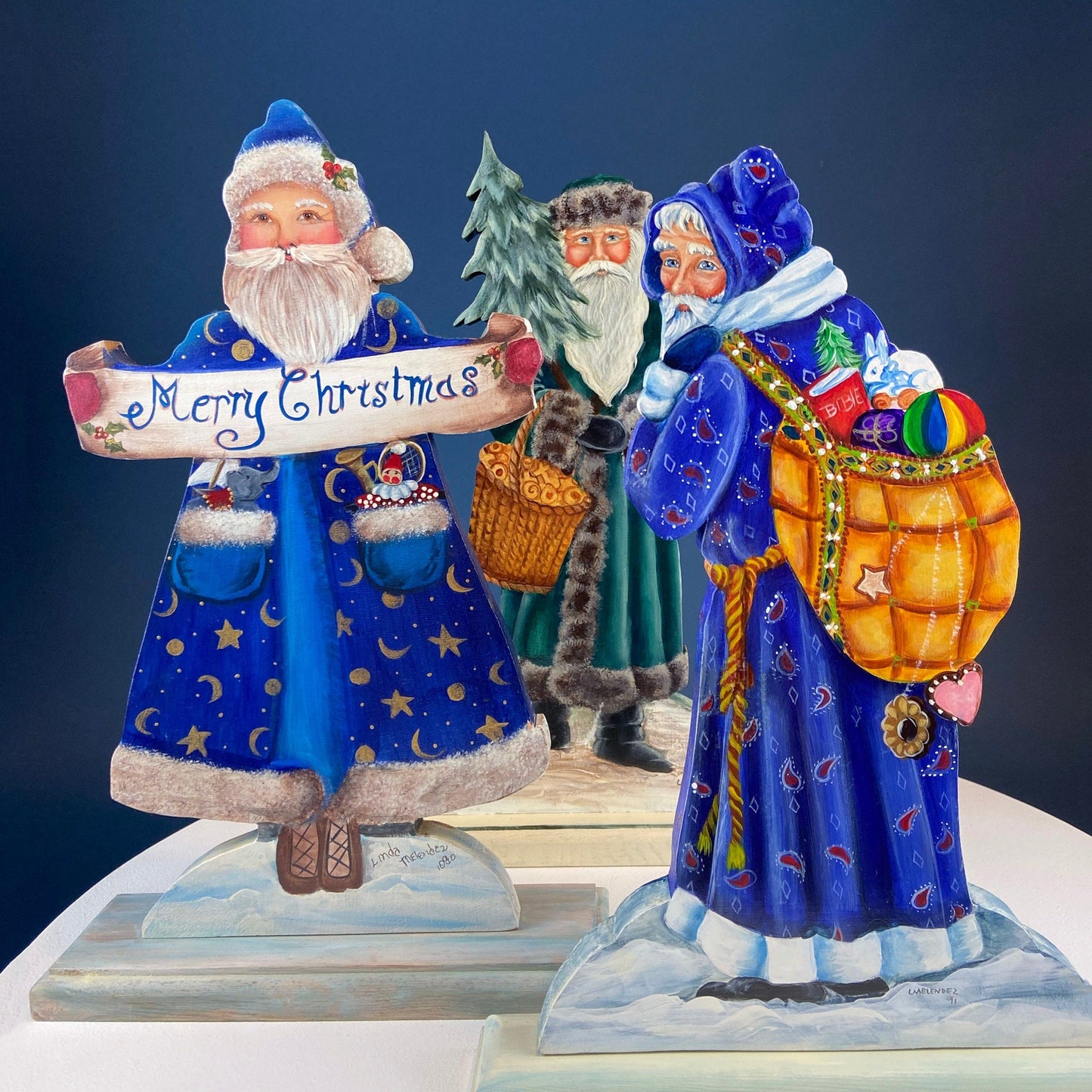 Two Large Hand-Painted on Wood German Santas or Elves. Rare Belsnickles in Traditional Folk Dress. Nordic Christmas Decor. Home Retail Display.