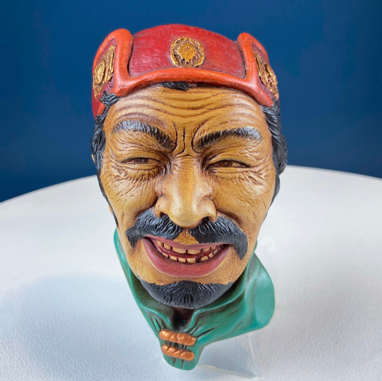 Vintage Chalkware Head of syarian in Blue Hat. Life Like Caricature of Bearded Man. Ethnic Wall Hanging. Collectibl