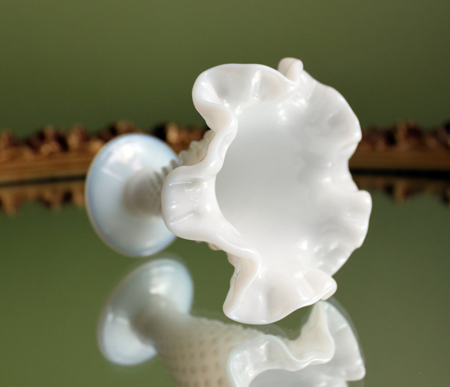 Fenton Milk Glass Vase. Small Vase with Hobnail Pattern. Vase with Graded Hobnail, Ruffled and Scalloped Rim.