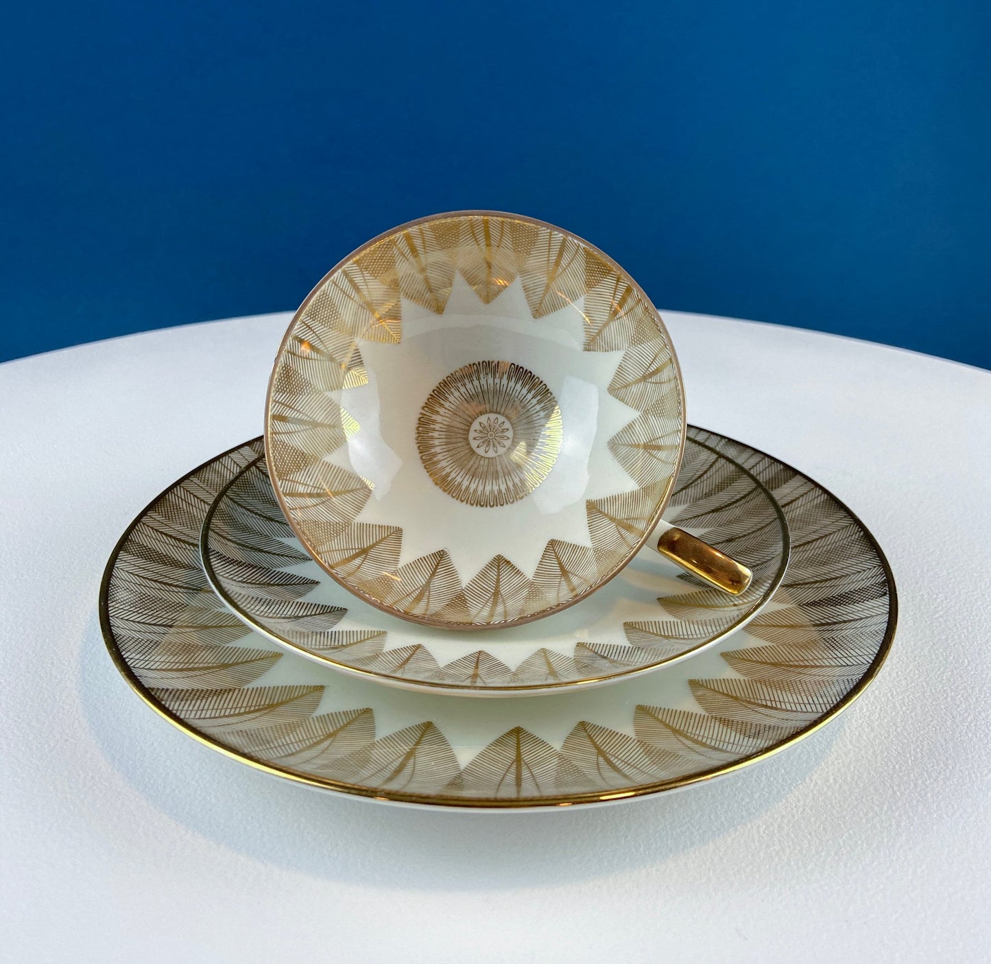 Antique Bavarian Porcelain Tea Cup Trio. Porcelain Cup, Saucer, Dessert Plate in Gold Green White Geometrical Motif. Maud Dining Room Decor.