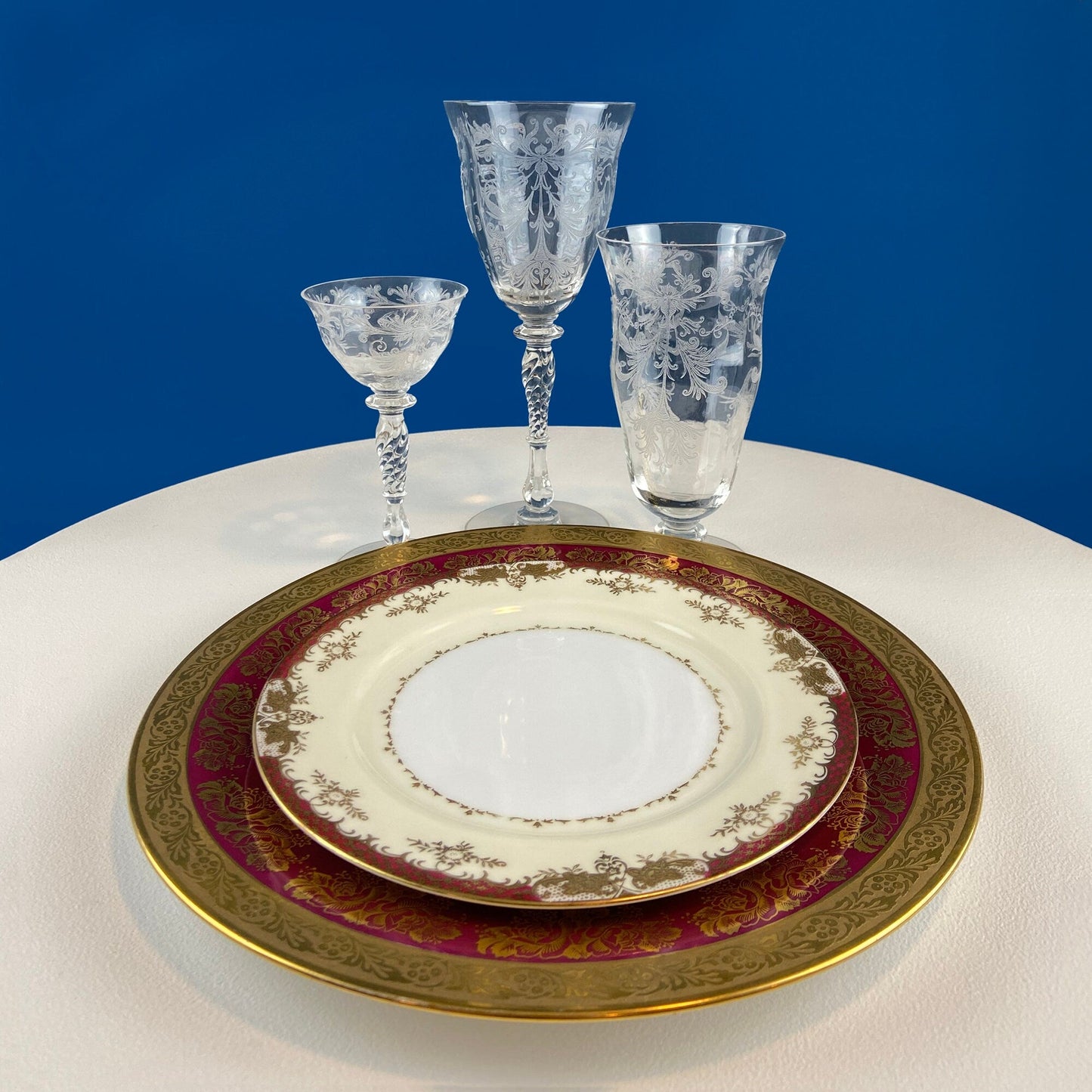 Tiffin Franciscan Juice Stemware with Etched Beautiful Cherokee Rose Pattern. Set of Five Juice or Water Glasses.