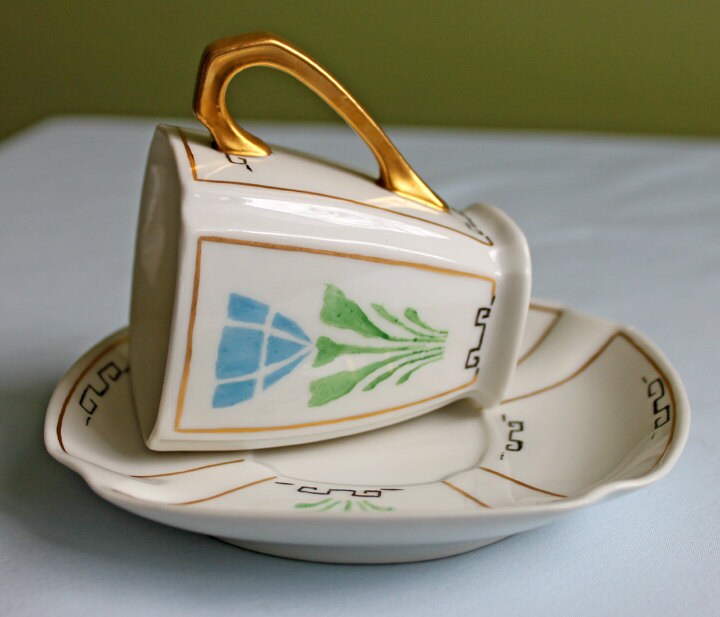 Porcelain Teacup Saucer Demitasse Set. Square Shape with Rounded Corners. Hand Painted.