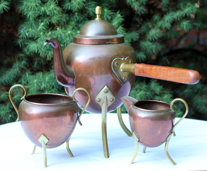 Copper Turkish Coffee Maker with Wooden Handle , Creamer , and a Cup. Gorgeous Cezve or Ibrik or Finjan. Unique Antique Beautiful Set.