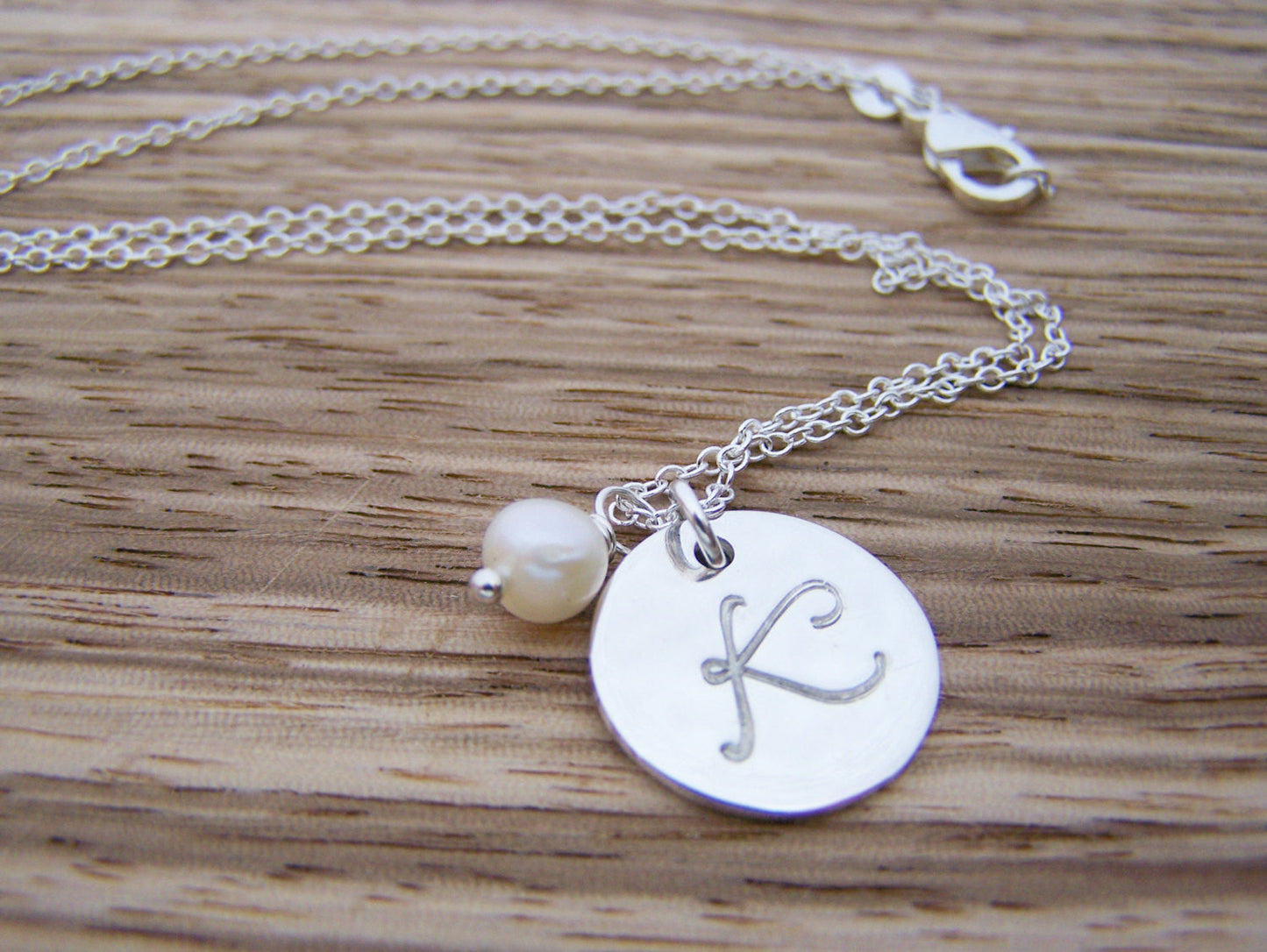 Sterling Silver Script Hand Stamped Initial Freshwater Pearl Personalized Necklace