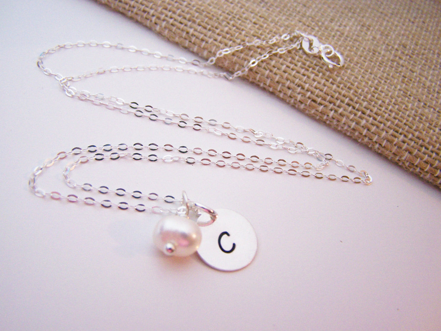 Bridesmaid Pearl Necklace – Sterling Silver Freshwater Pearl and Initial Charm Gift