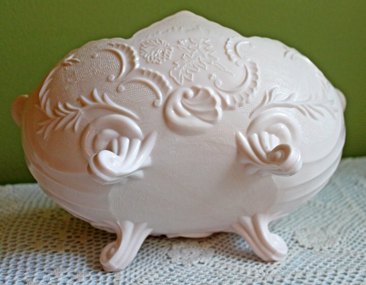 Pink Milk Glass Jar with Lid. Grape Vine Motif. Footed Trinket Dish with Lid. Collectible Pink Candy Dish. Gift for Mom. Gift for Her.