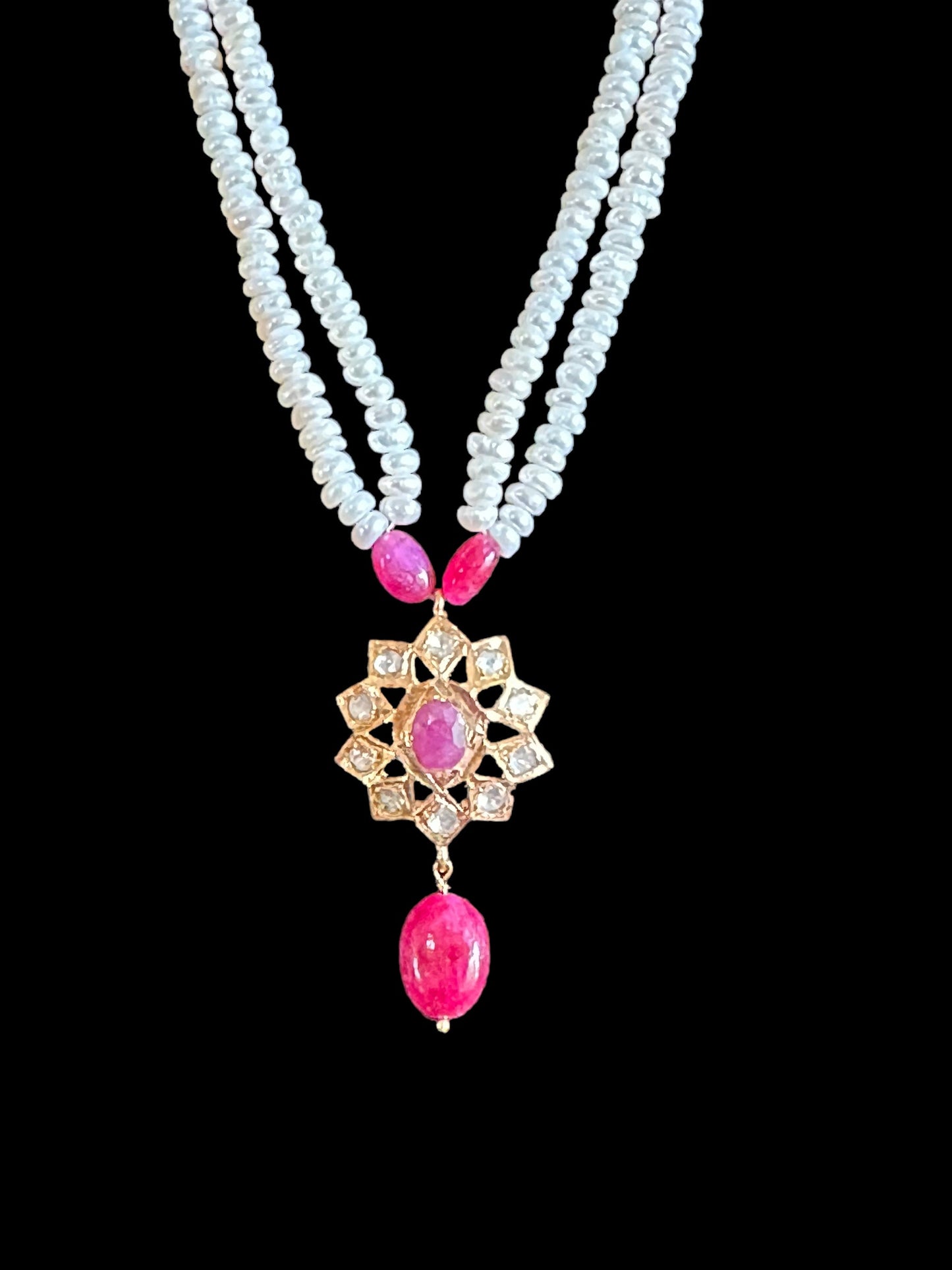 Ruby with pearl pendant set in gold plated silver ( READY TO SHIP)