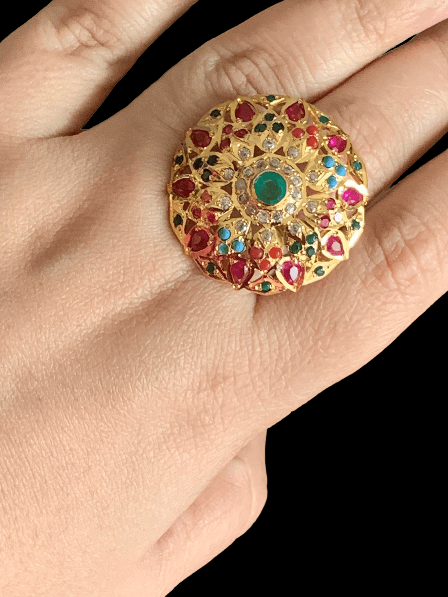 Navratan , multicolor gold plated silver ring ( SHIPS IN 4 WEEKS )