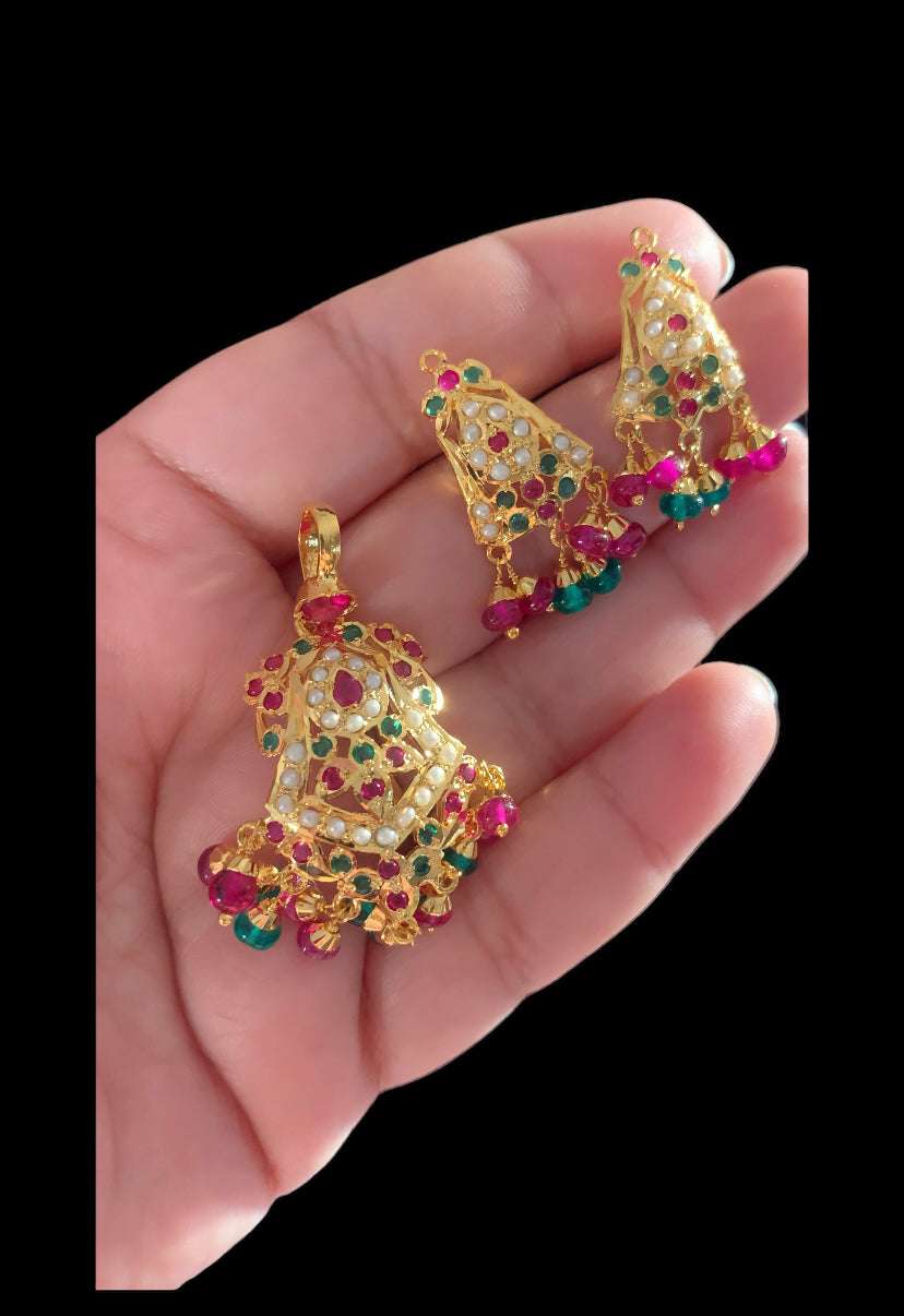 Gold plated silver pendant set in ruby emerald ( SHIPS IN 5 WEEKS )