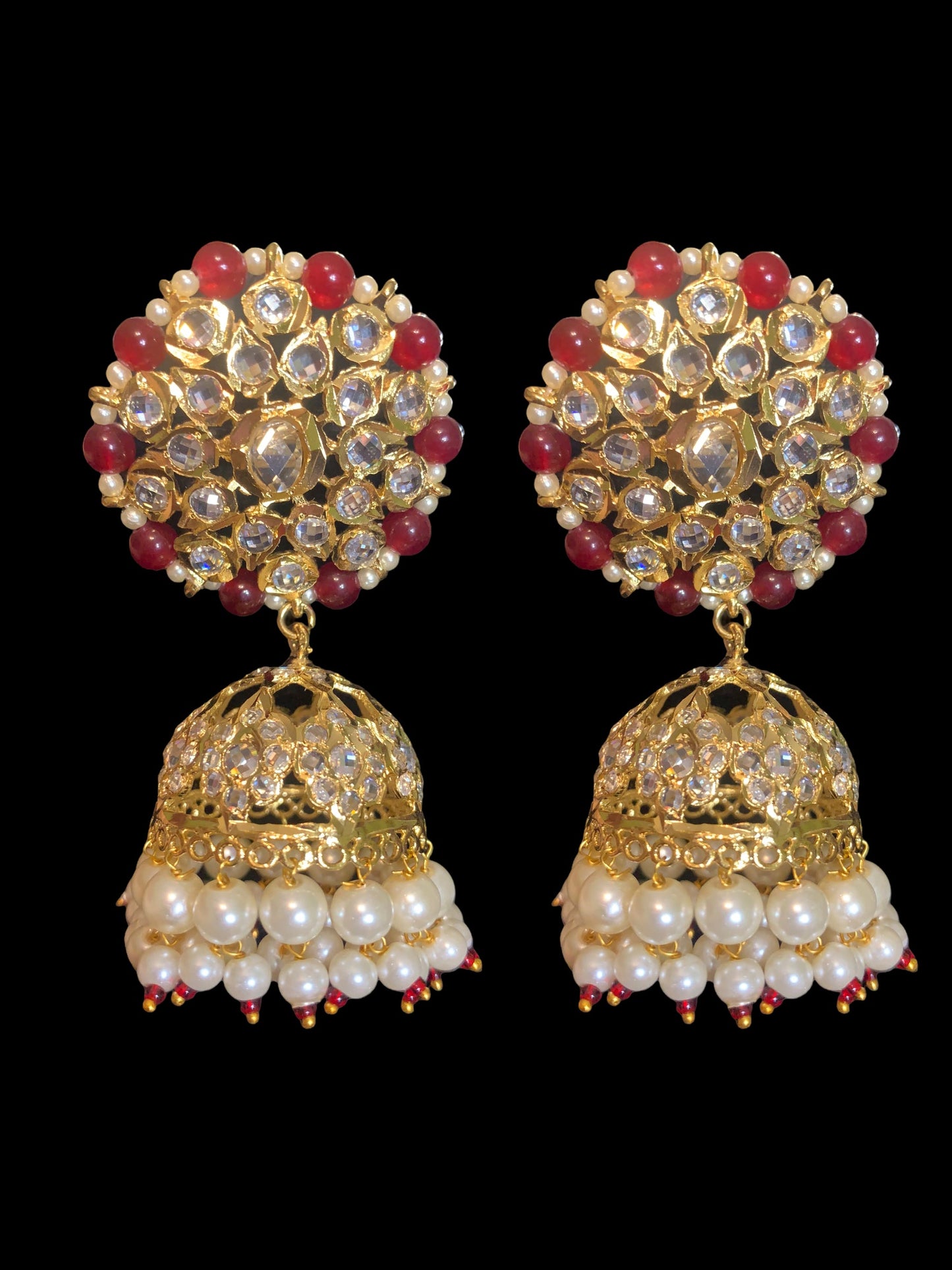 DER399 Amra hyderabadi jhumka in pearls with ruby beads - large jhumka ( READY TO SHIP)