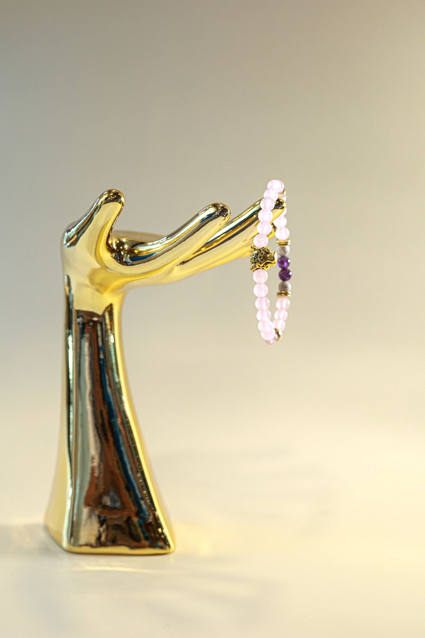 Rose Quartz, Amethyst & Howlite Crystal Bracelet • Gold Cheetah