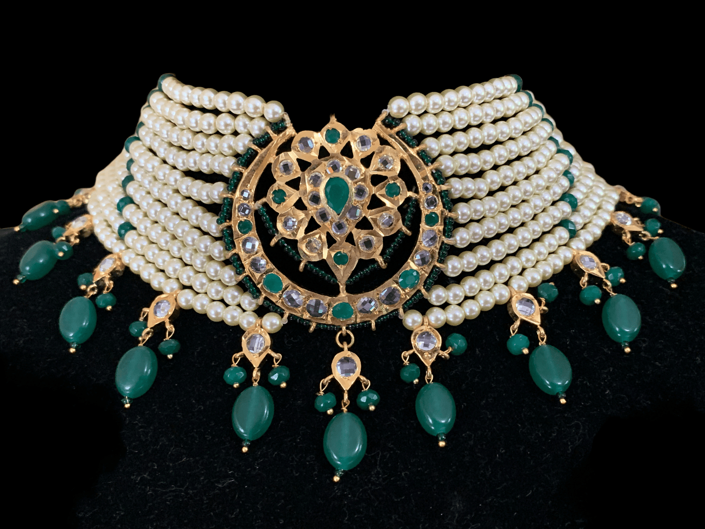 C103 Noor choker set in green with golden pearls (READY TO SHIP)