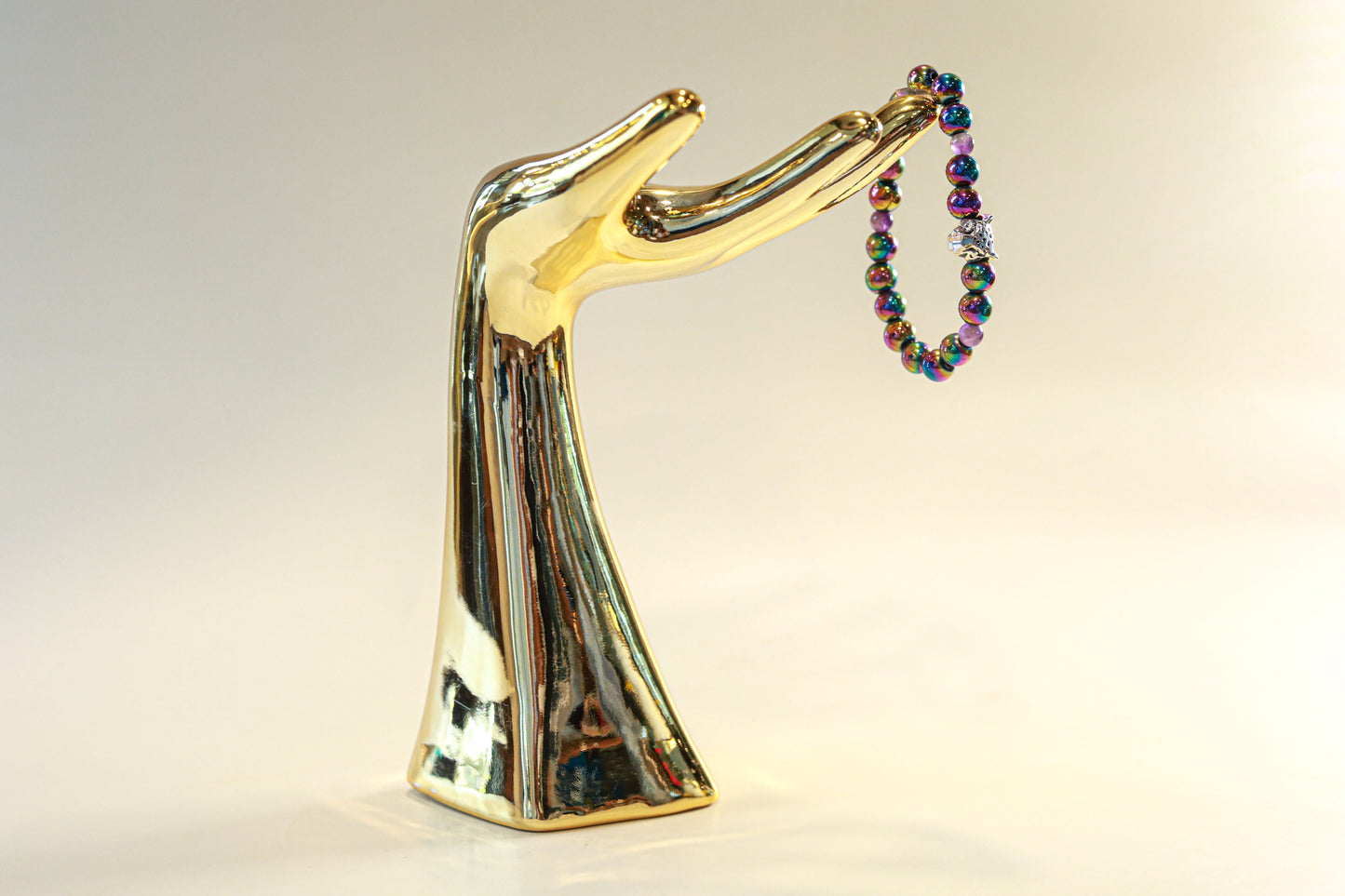 Amethyst & Hematite Crystal Bracelet • Silver Cheetah Charm