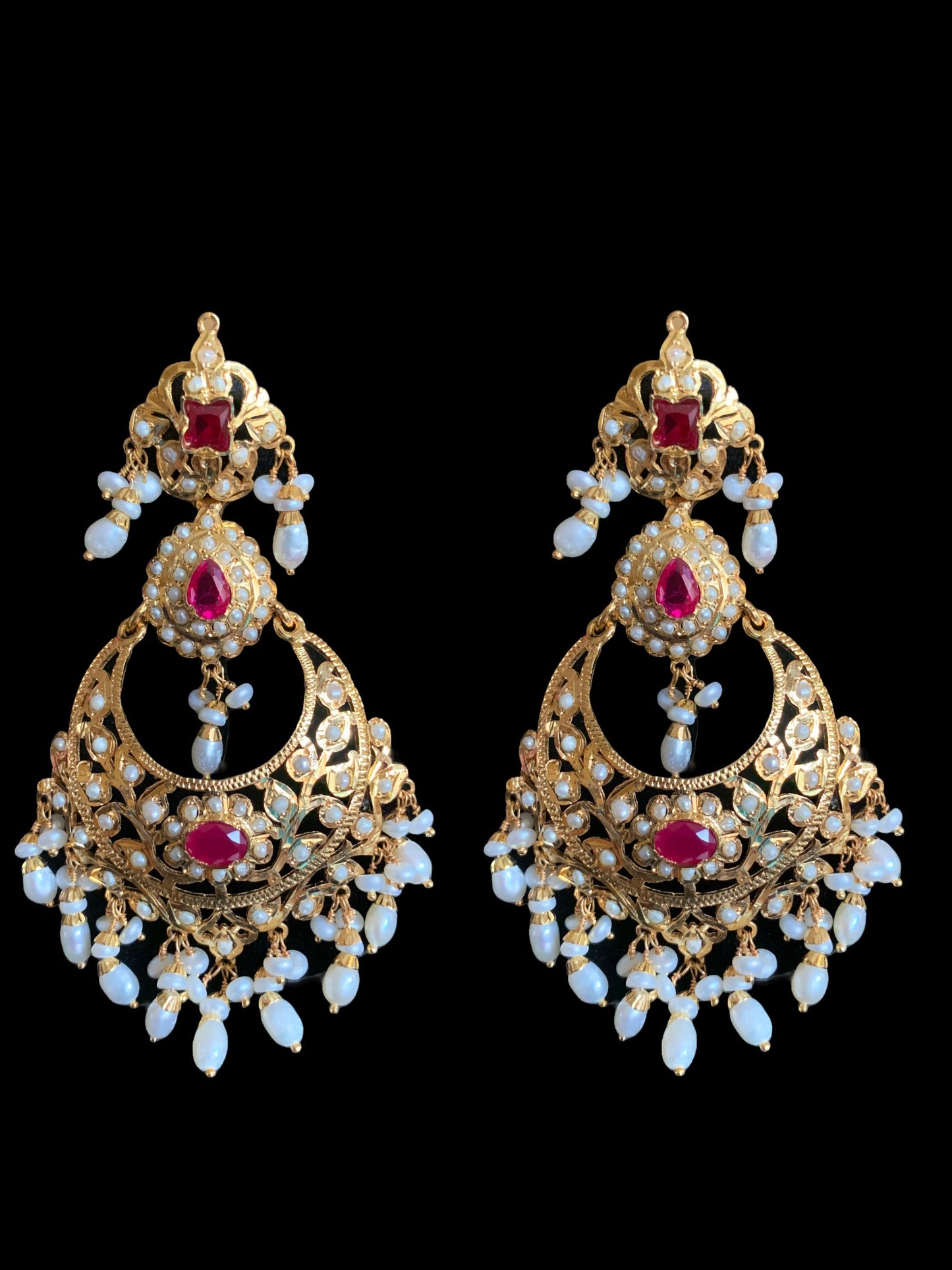 Nadine gold plated silver earrings in fresh water pearls and rubies ( SHIPS IN 5 WEEKS )