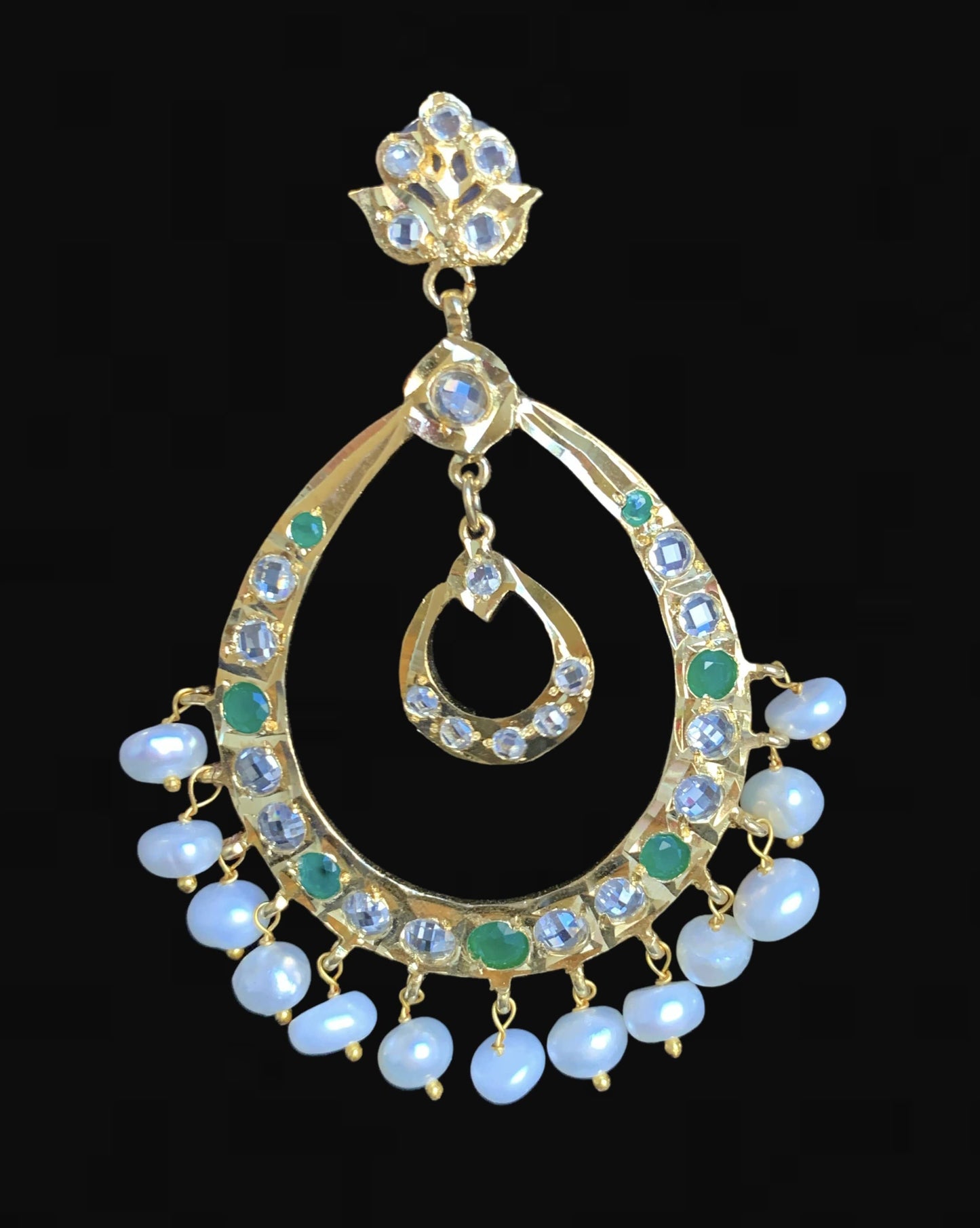DER275 Hyderabadi Chandbali in real pearls -GREEN ( READY TO SHIP )