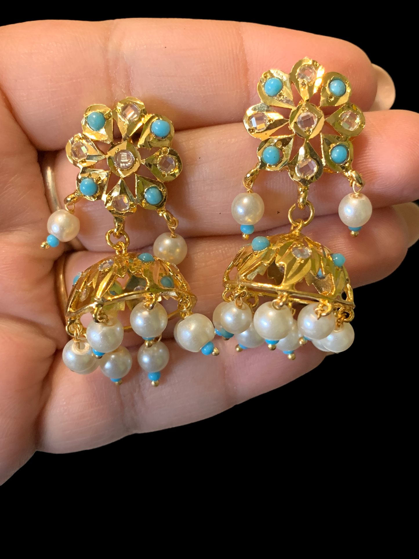 DER347 Turquoise jhumka in flower tops ( READY TO SHIP)