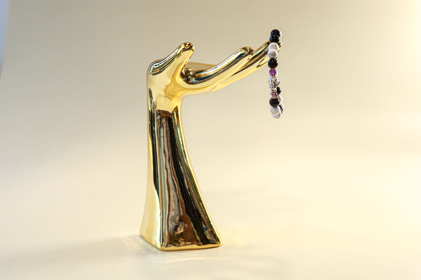 Howlite, Black Jasper & Amethyst Crystal Bracelet • Buddha Charm