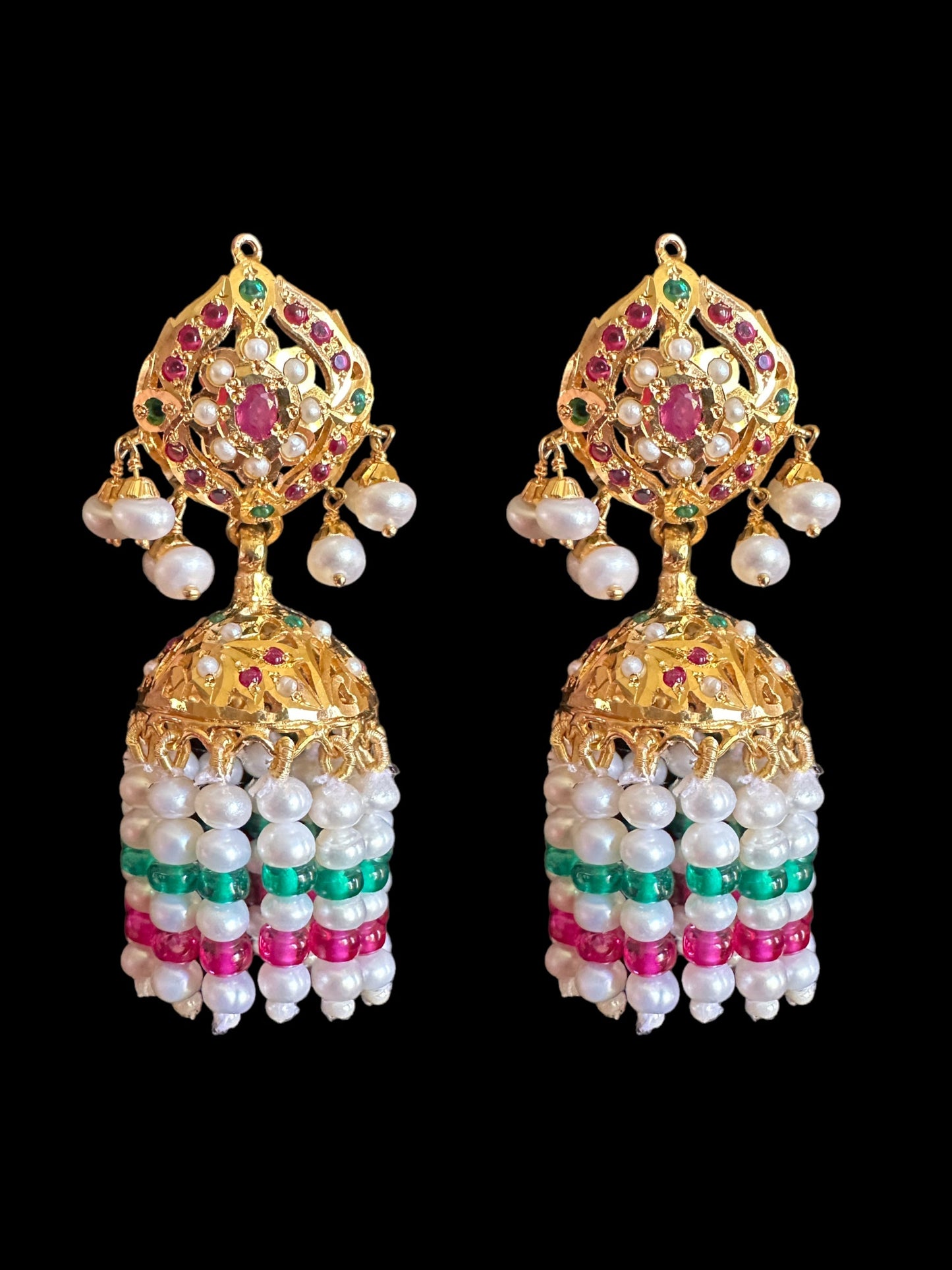 Ruby emerald with Fresh water pearl jhumka in gold plated silver ( SHIPS IN 5 WEEKS )