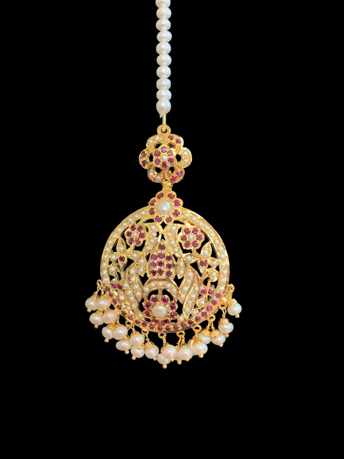 Gold plated silver jadau tikka in pearls and rubies ( SHIPS IN 5 WEEKS )