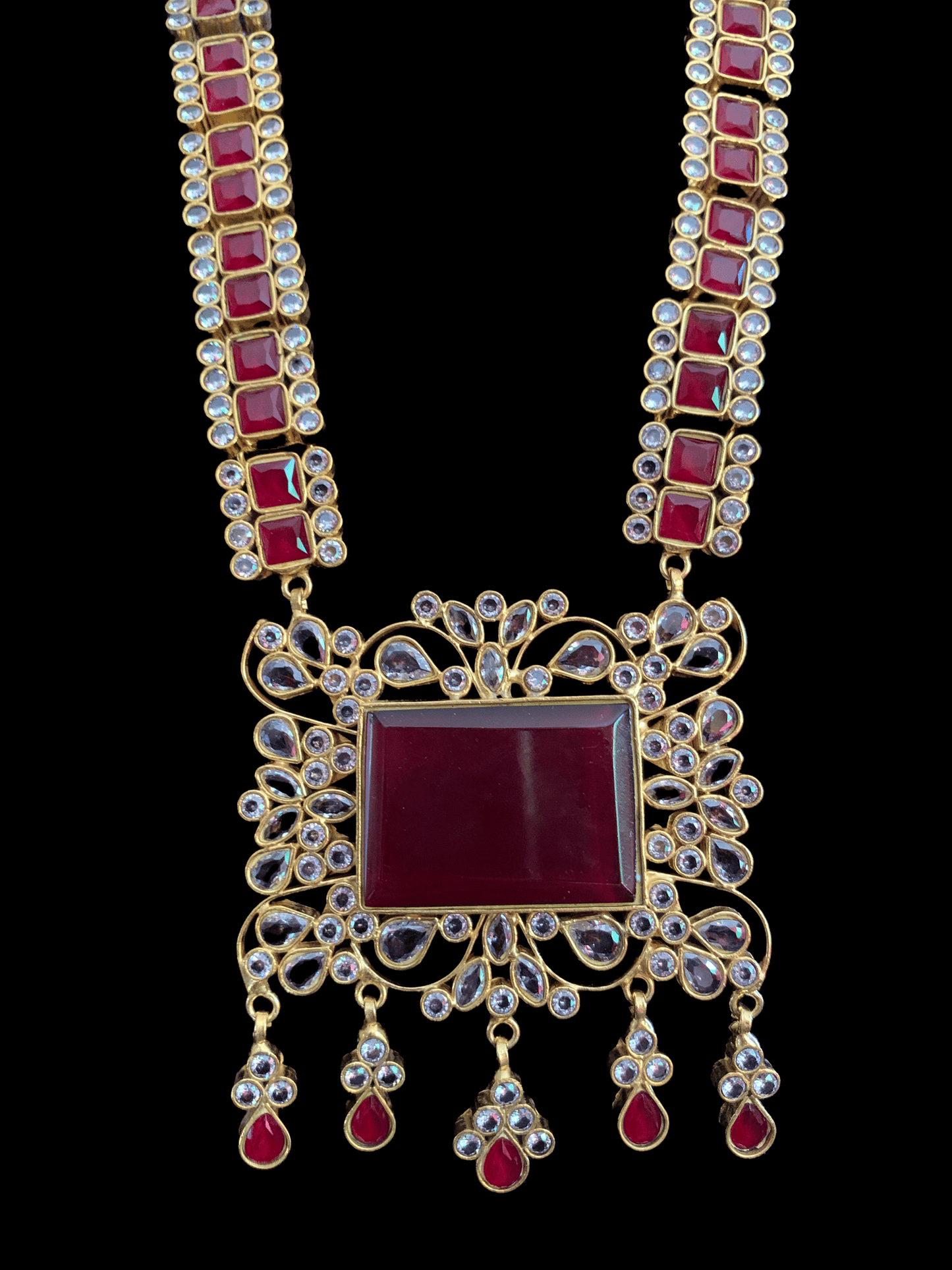 LN27 Farshi kundan long statement necklace set - Red ( READY TO SHIP )