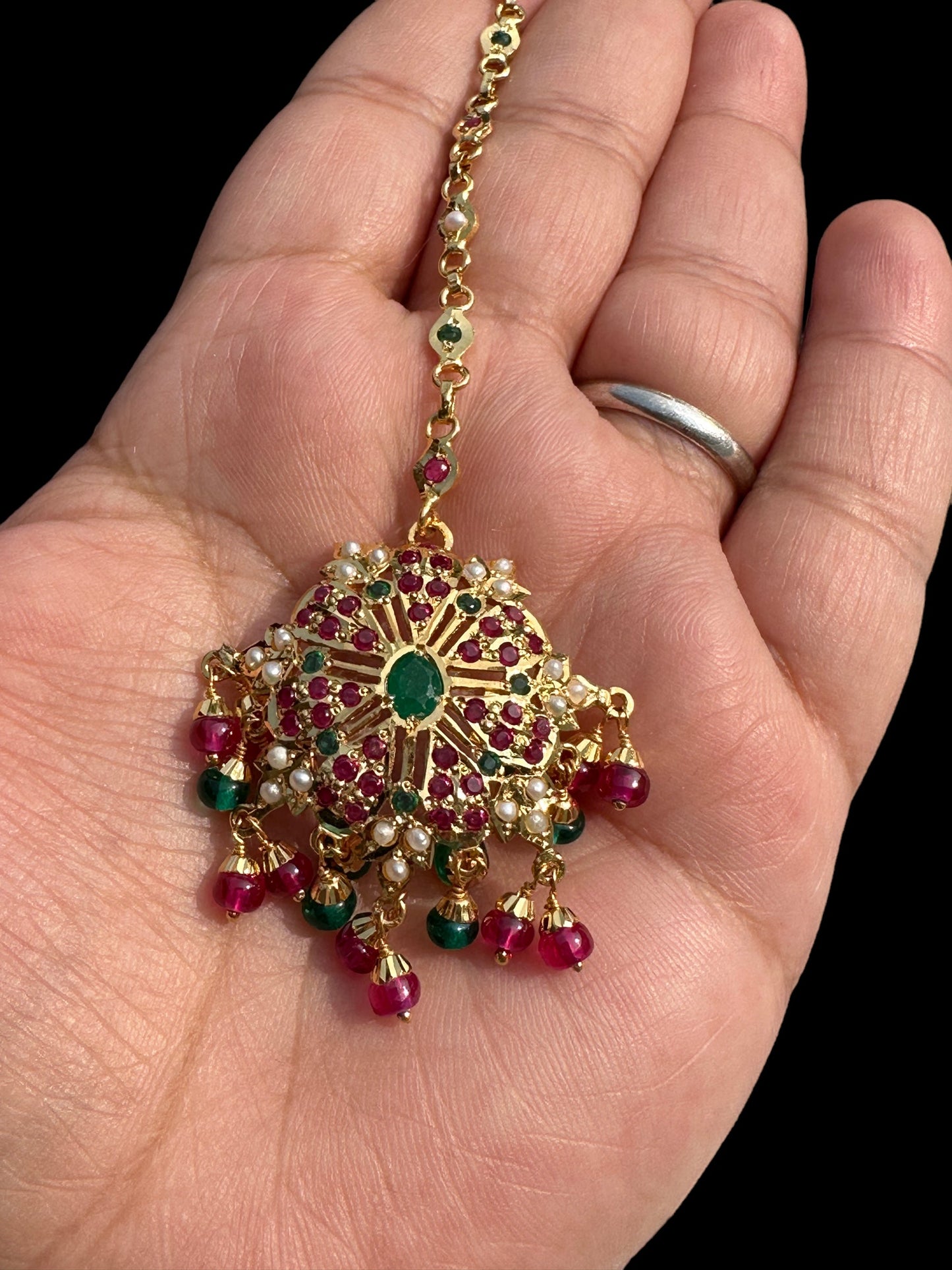 Gold plated silver tika in ruby emerald (SHIPS IN 5 WEEKS )