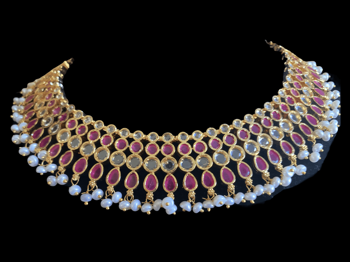 NS255 Amber ruby Barfi set in fresh water pearls( READY TO SHIP )