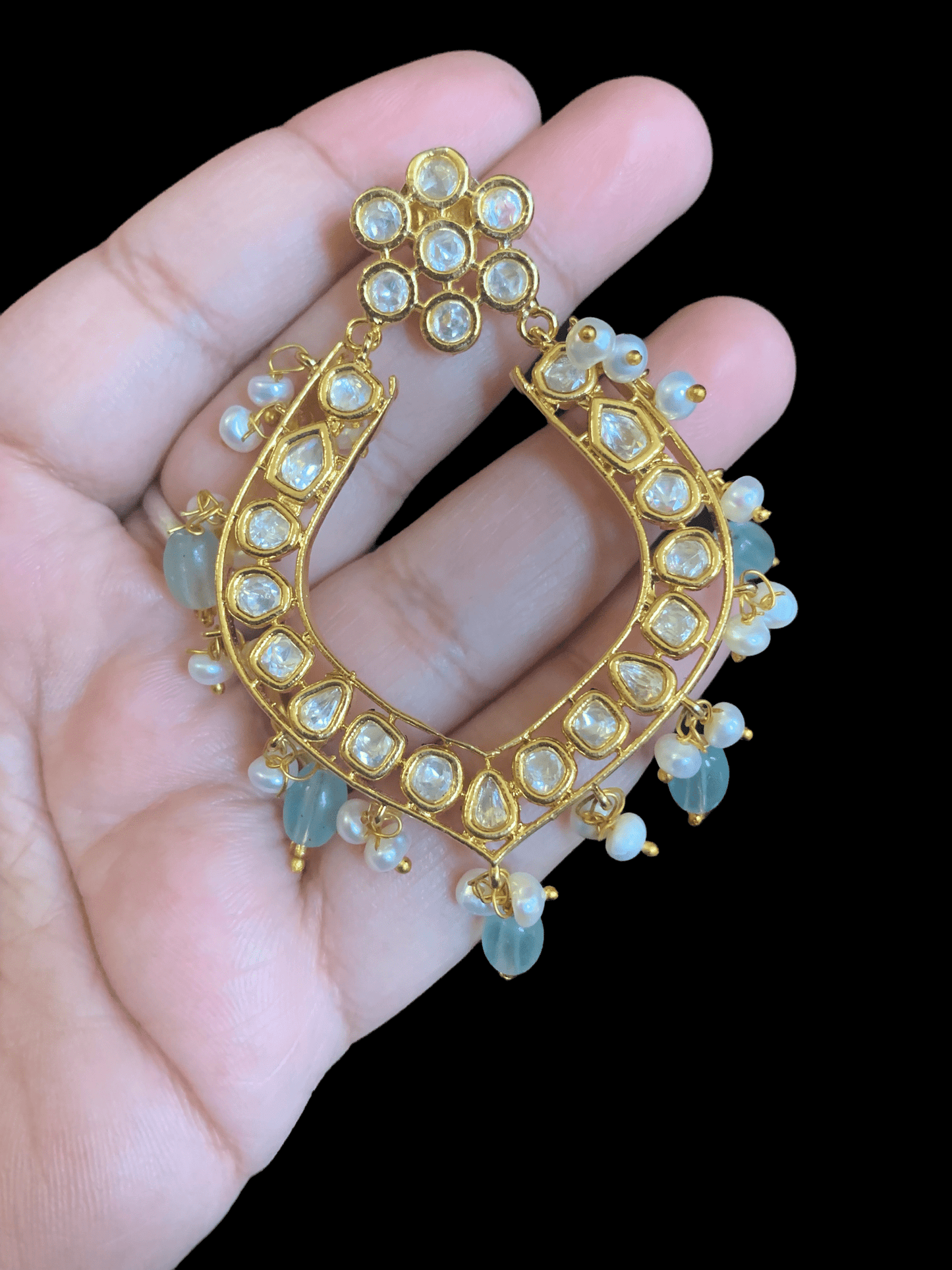 DER108 Elara polki earrings in fresh water pearls- aqua ( READY TO SHIP )