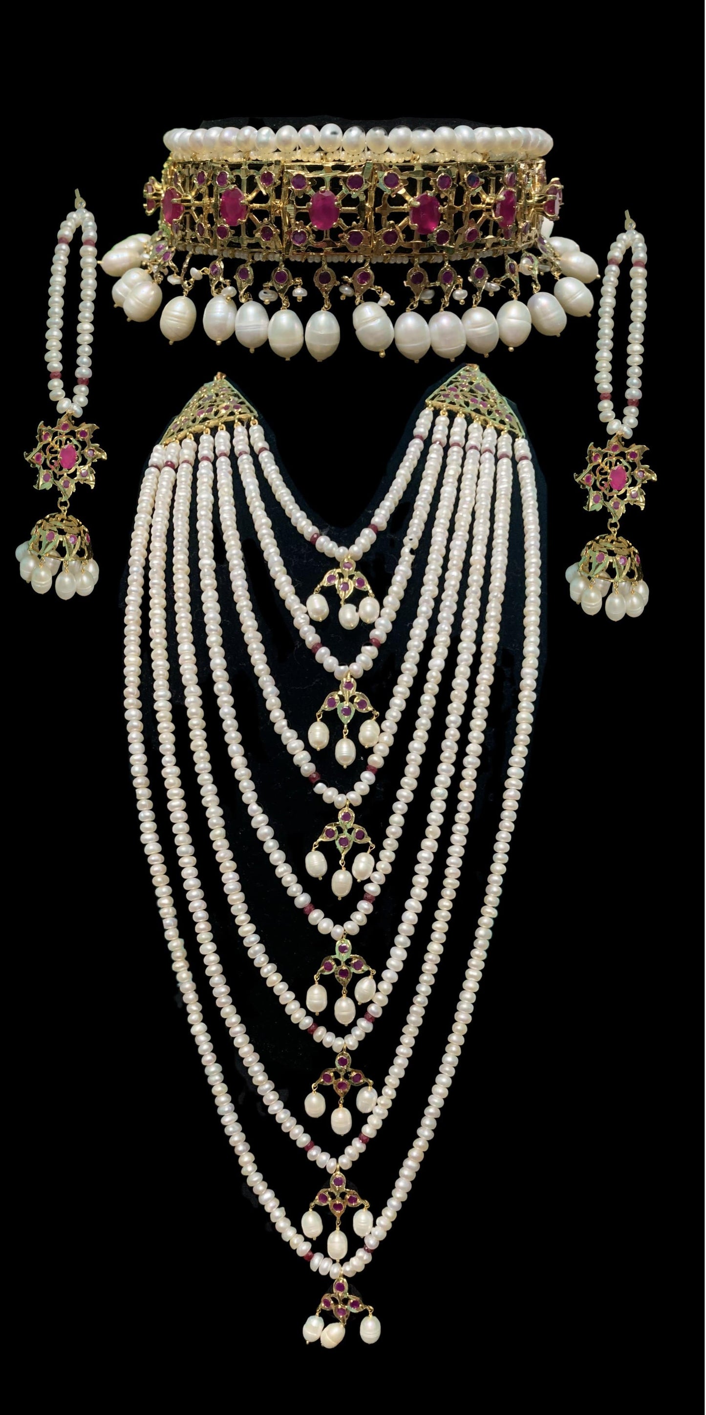 BR7 Insia bridal jadavi lacha satlada set in ruby with fresh water pearls , READY TO SHIP