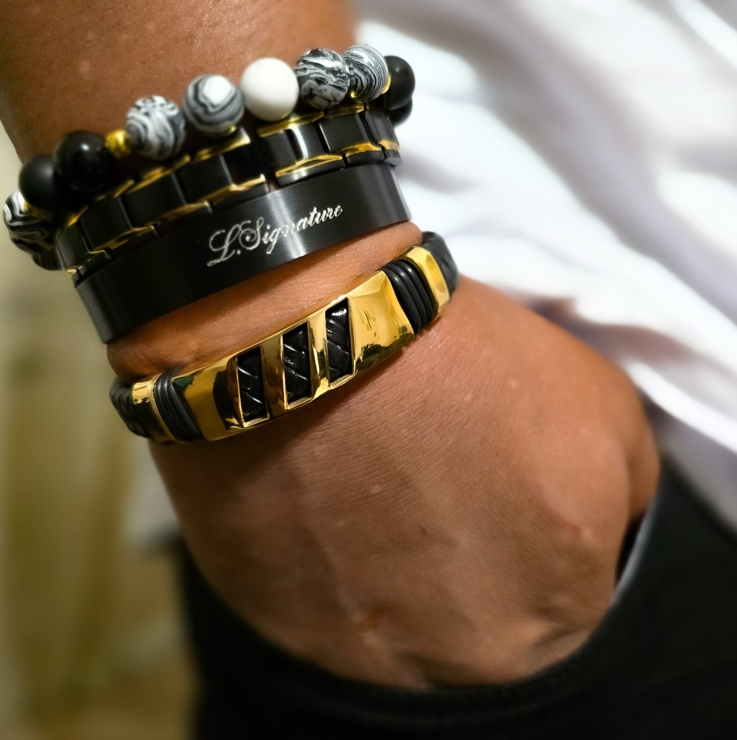 Men's White Malachite and Onyx 3pc. Bracelet set