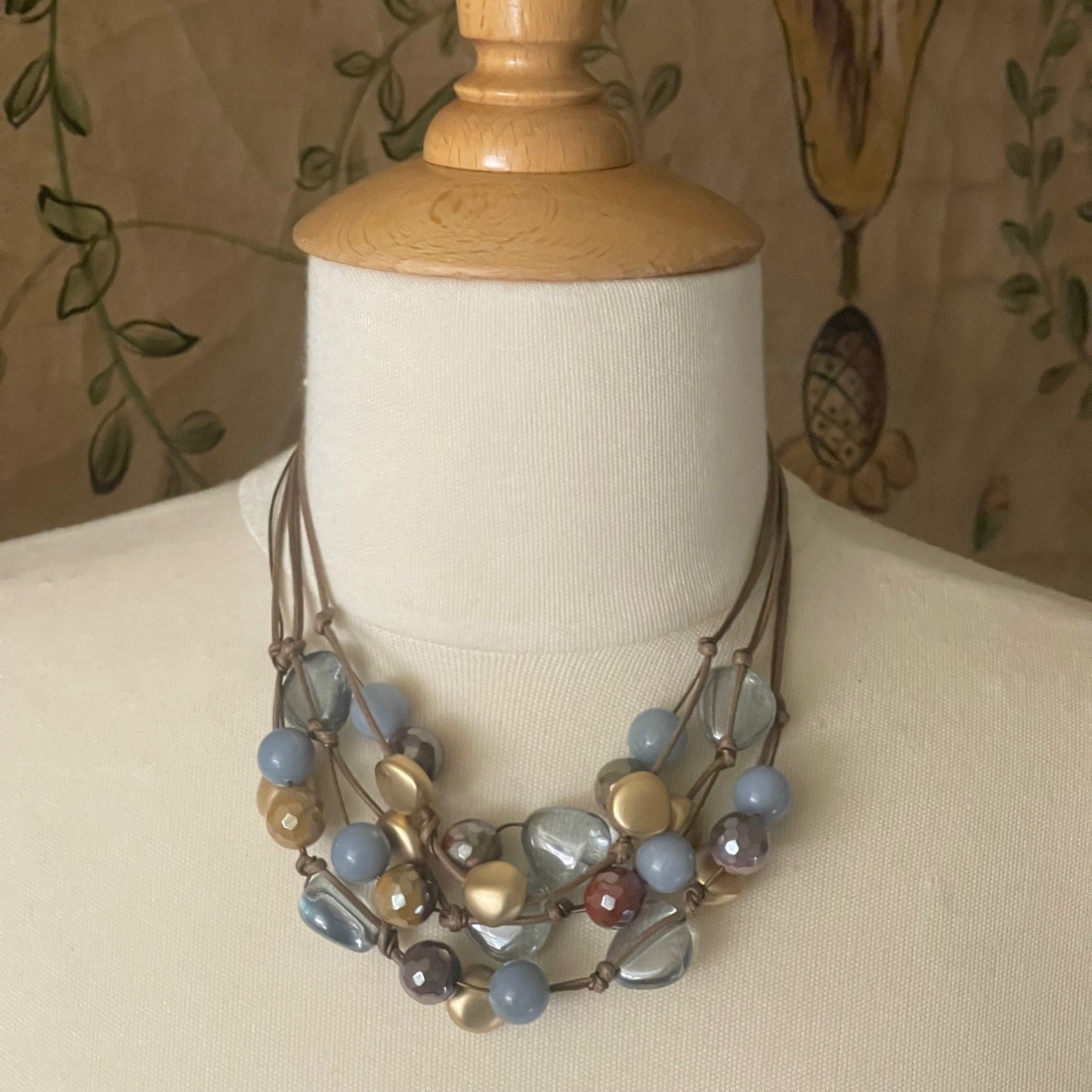 Blue Pressed Glass, Mookaite Gold Nugget Taupe Bronze Leather Torsade Necklace