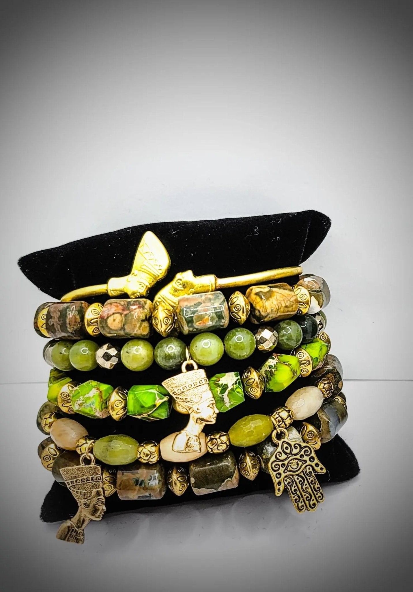 Queen Nefertiti Natural Green Sea Sediment Jasper Bracelet set