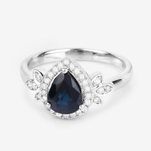1.54 Carat Genuine Blue Sapphire and White Diamond 14K White Gold Ring