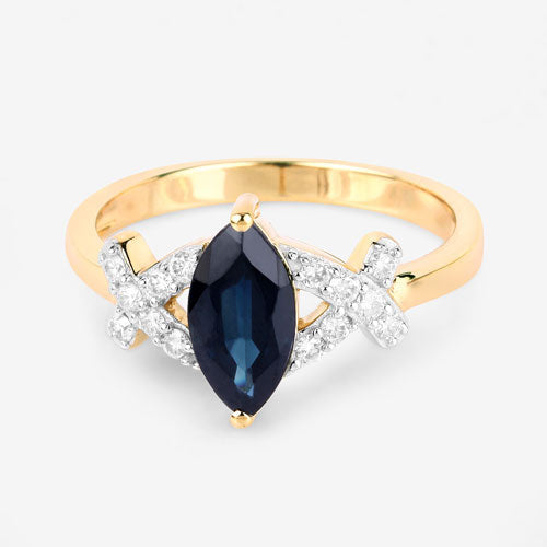 1.50 Carat Genuine Blue Sapphire and White Diamond 14K Yellow Gold Ring