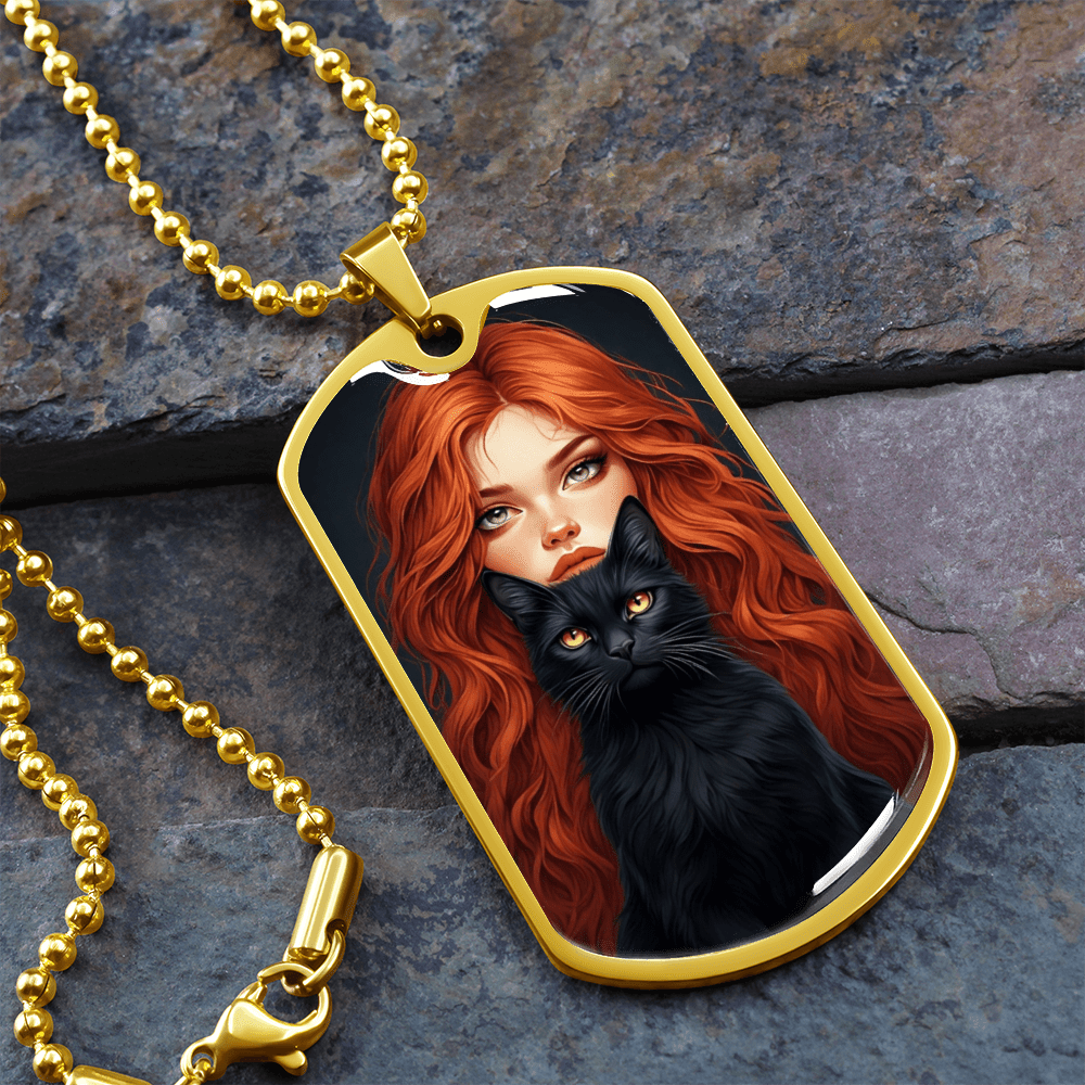 Red Haired Cat Lady Necklace - Unique Dog Tag Jewelry for Cat Lovers