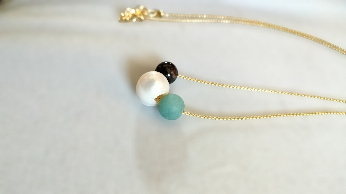 Extrinsic Beauty Handcrafted Beaded Necklace with White Pearl, Amazonite, Garnet Stones on 18kGP Gold Chain, Modern Minimalist Style