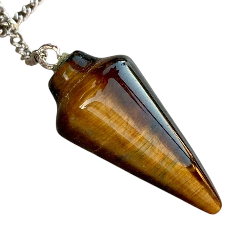 Natural Gemstone Smooth Conical Crystal Pendulum with Charm, Nickle Free Chain, Reiki Meditation Dowsing Tool (Tigers Eye)