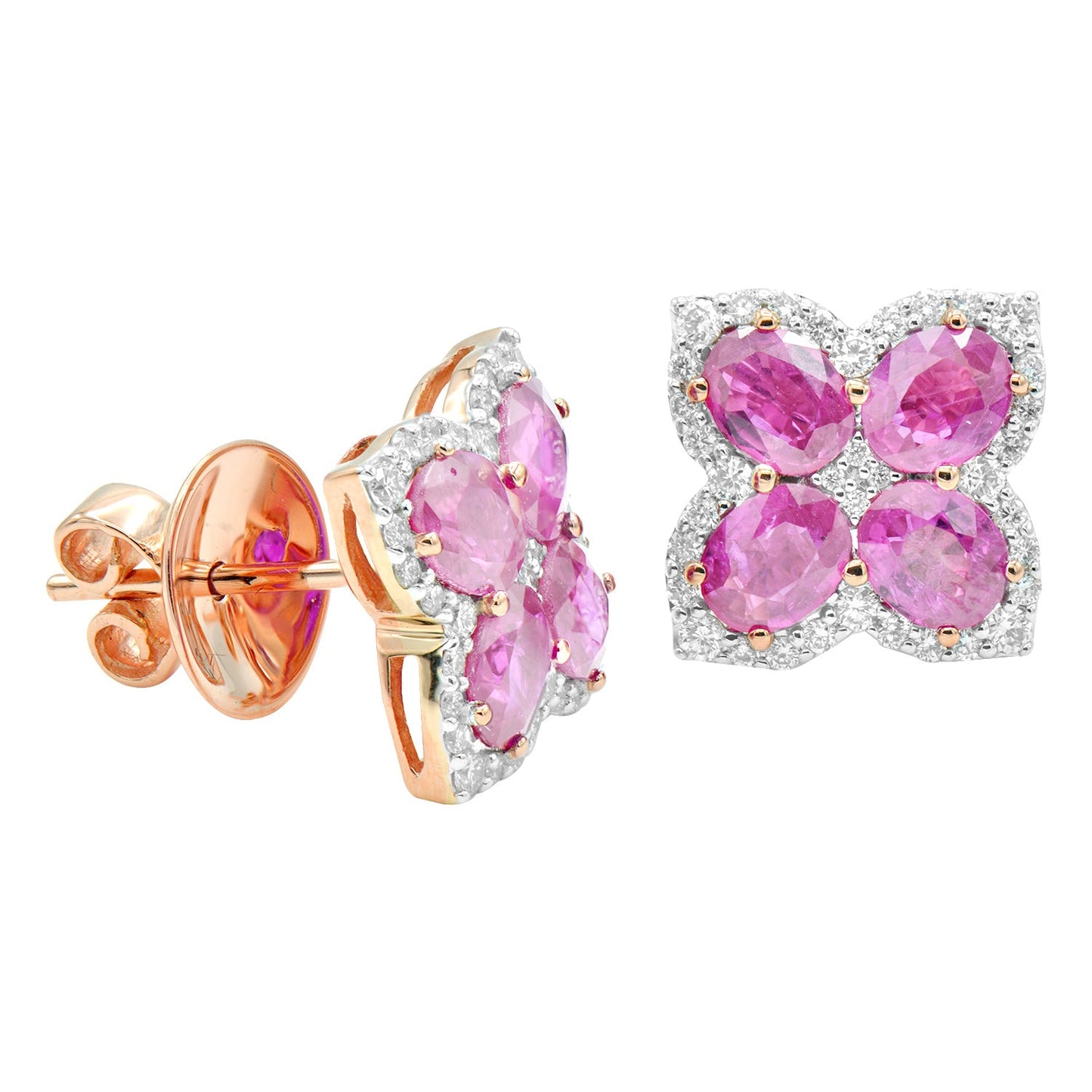 14K White Gold Pink Sapphire and Rose Gold Oval Flower Earring, 3.5ct