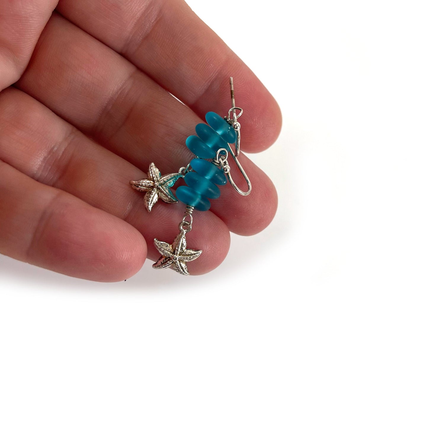 Blue Sea Glass Sterling Starfish Earrings