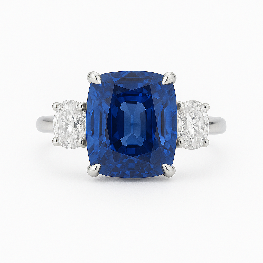 Handmade 18K White Gold Blue Sapphire 3 Stone Ring, 4ct