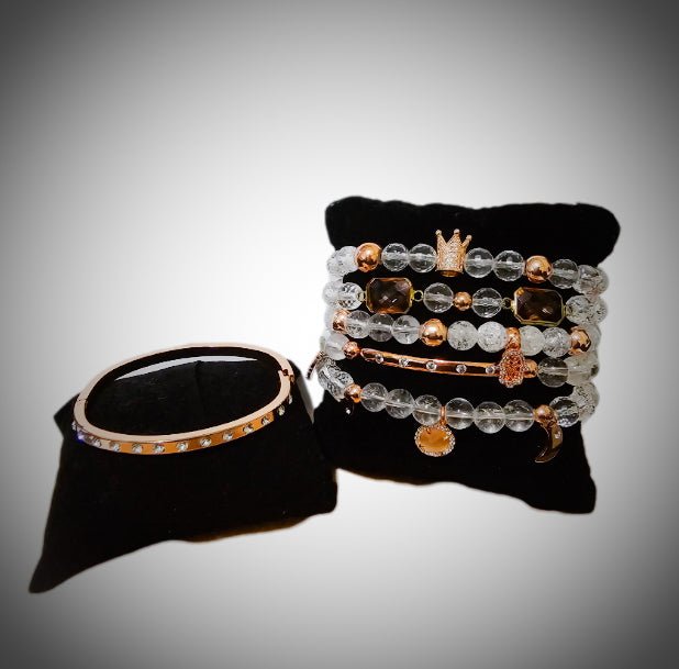 Stacked "Rose" Clear Quartz Crown bracelet set