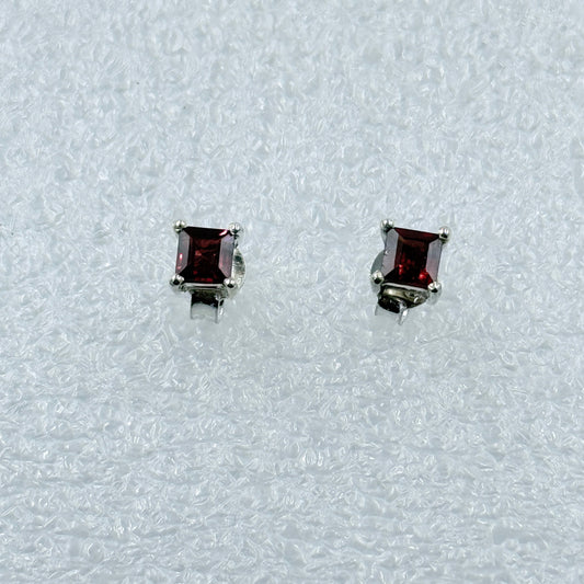 Sterling Silver Square Garnet Post Earrings Size 1