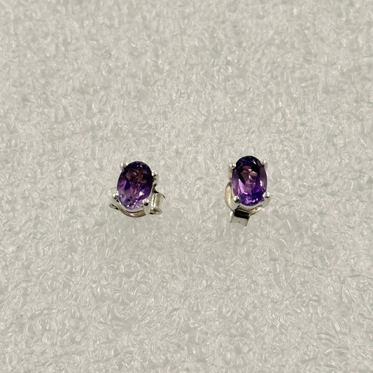 Sterling Silver Oval Amethyst Post Earrings Size 4