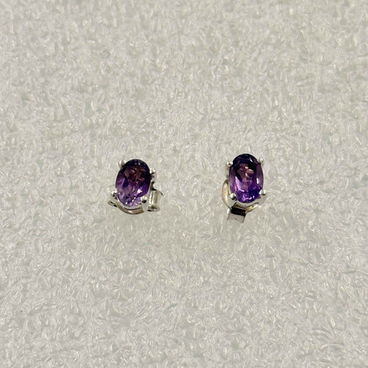 Sterling Silver Oval Amethyst Post Earrings Size 4