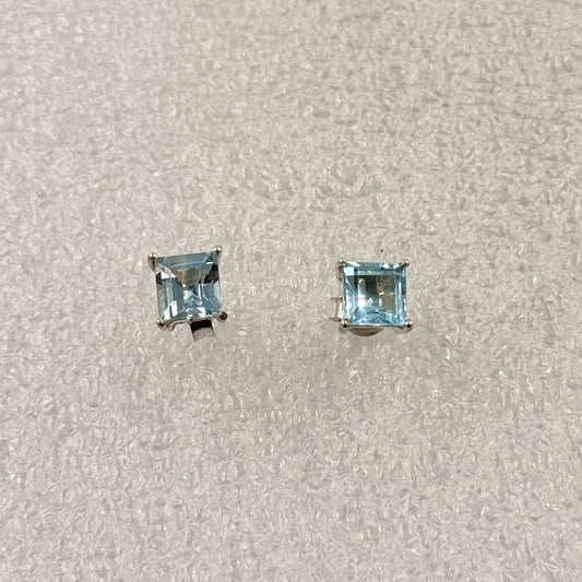 Sterling Silver Square Aquamarine Post Earrings Size 2