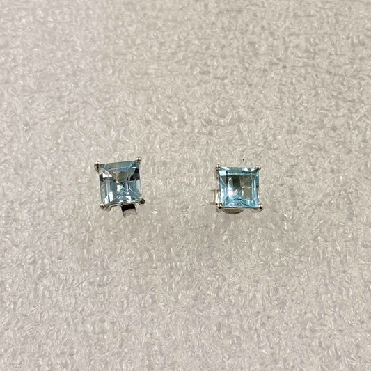 Sterling Silver Square Aquamarine Post Earrings Size 2