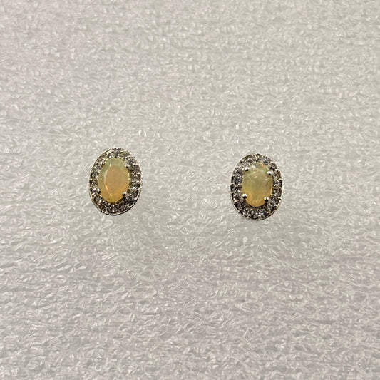 Sterling Silver Halo Oval Ethiopian Opal Post Earrings